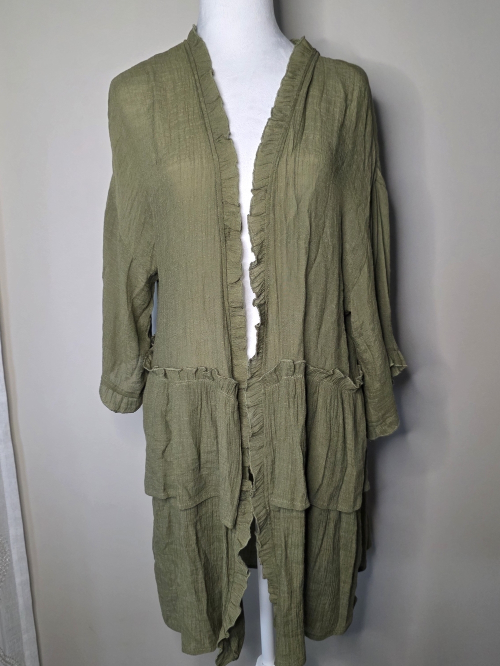 Easel Olive Tencel Ruffle Duster Cardigan Boho M - Picture 10 of 10